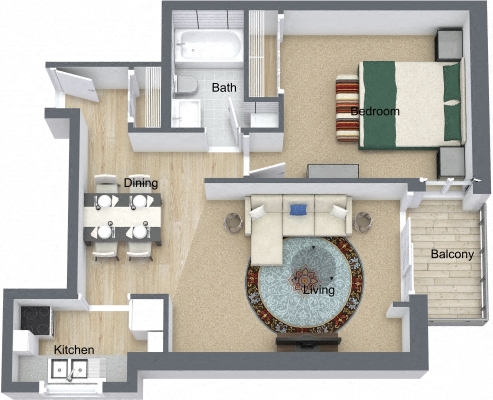 Floor plan for 1 bed, 1 bath, 600 sqft